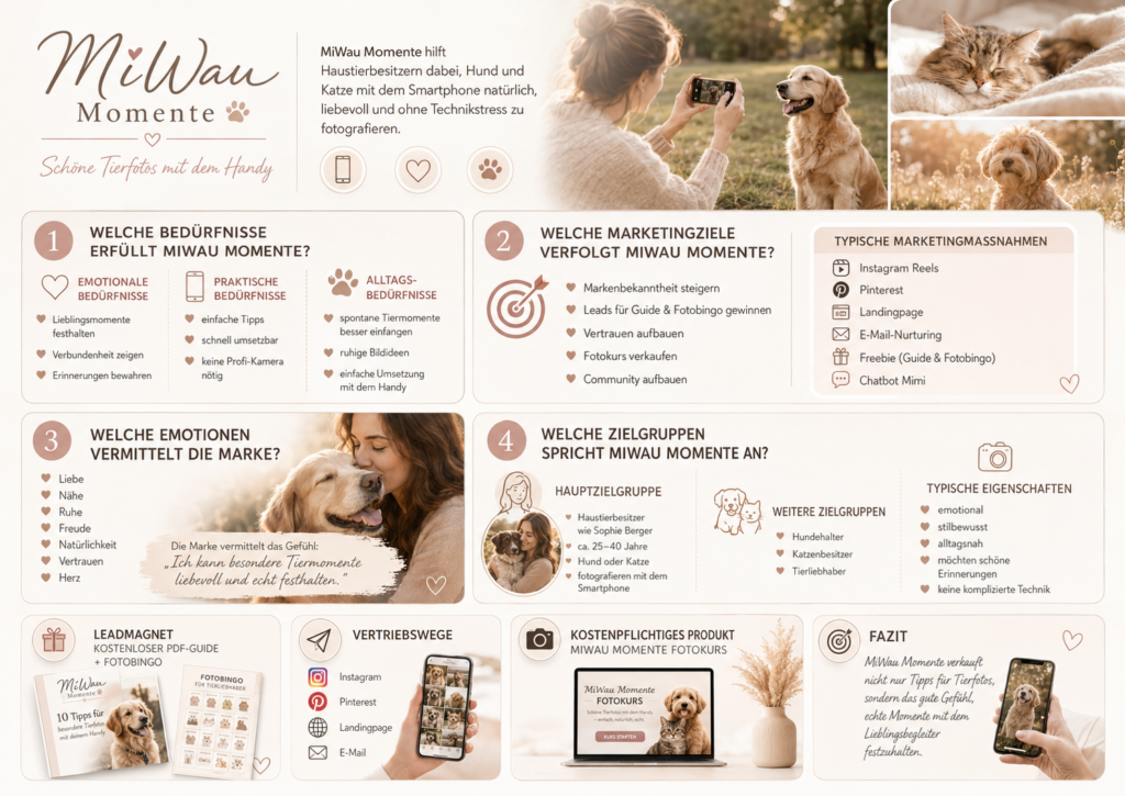Infografik zu MiWau Momente mit Informationen zu Haustierfotografie, Zielgruppen, Bedürfnissen und Marketingzielen.
